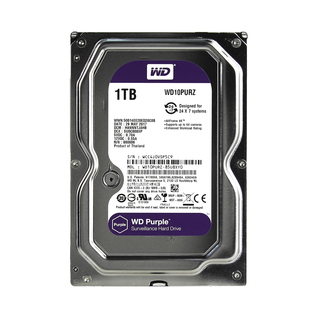 Western Digital Жёсткий диск для видеонаблюдения Western Digital Purple HDD 1Tb WD10PURZ