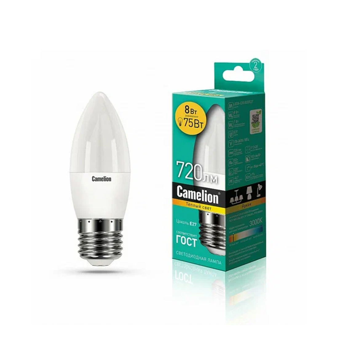 Camelion Эл. лампа светодиодная Camelion LED8-C35/830/E27, Тёплый